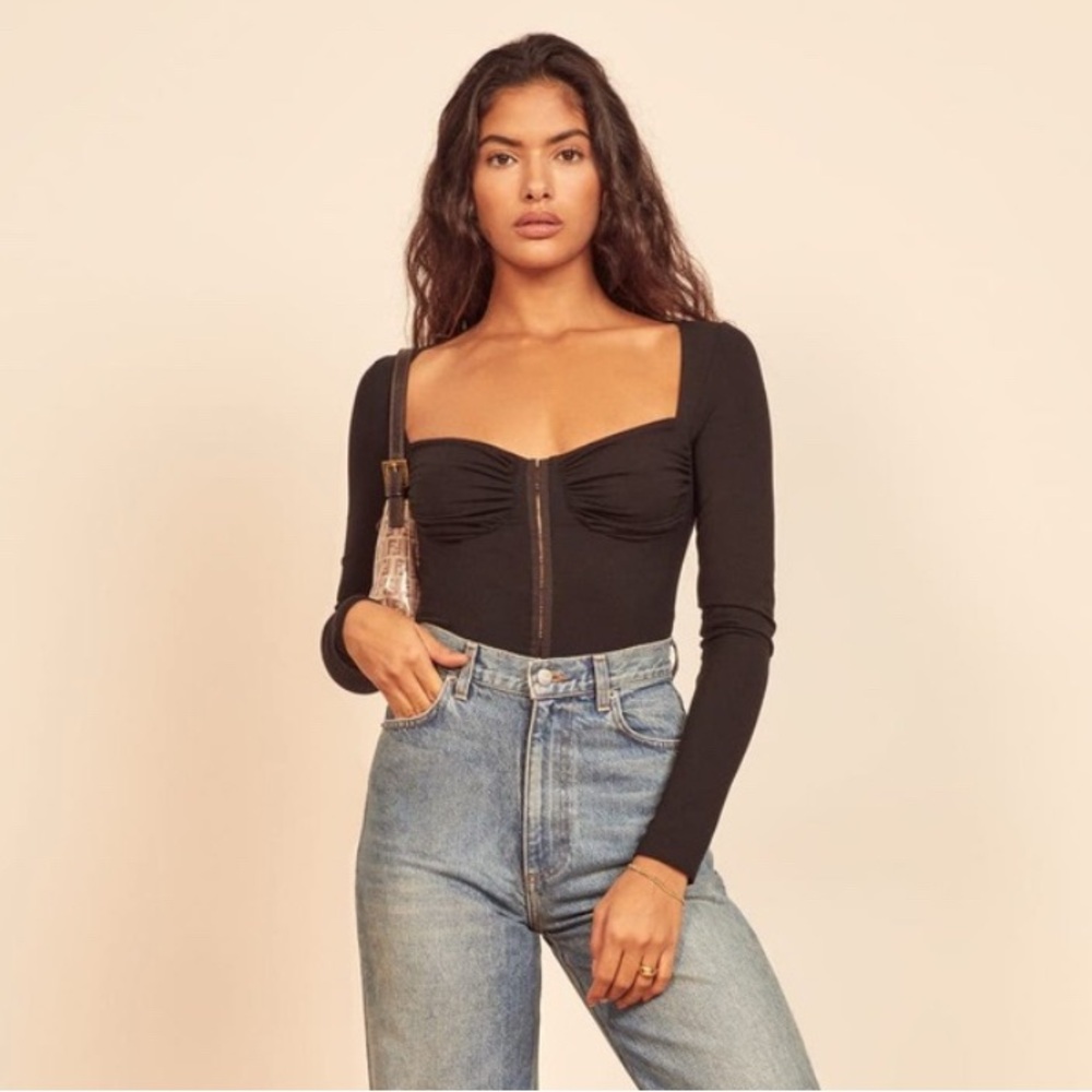 Reformation Black Long Sleeve Sweetheart Zip Bodysuit